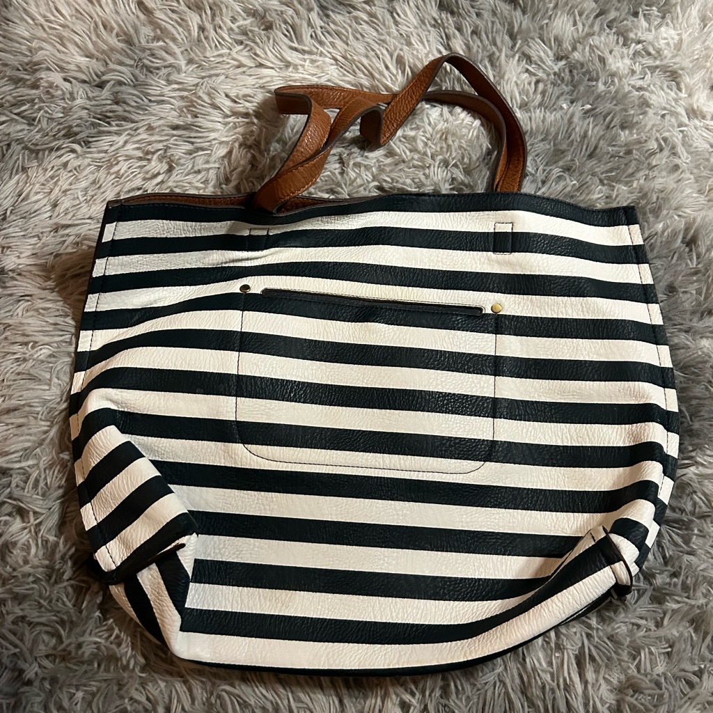 Striped Black & White Tote Bag With Brown Handles